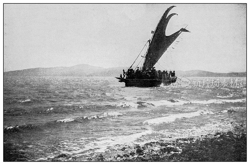 古董黑白照片:Moro Prahu或海盗船，菲律宾